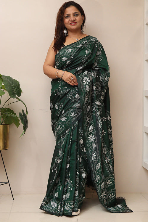 Green Hand Embroidered Kantha Silk Saree - Luxurion World