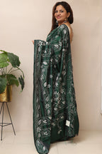 Green Hand Embroidered Kantha Silk Saree - Luxurion World
