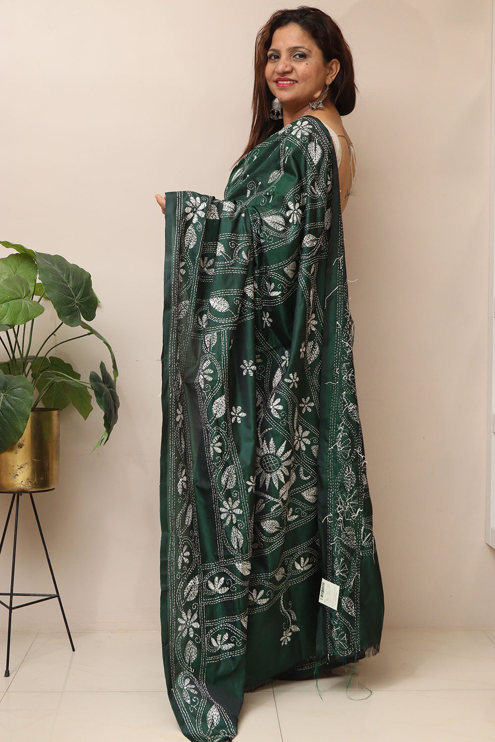 Green Hand Embroidered Kantha Silk Saree - Luxurion World
