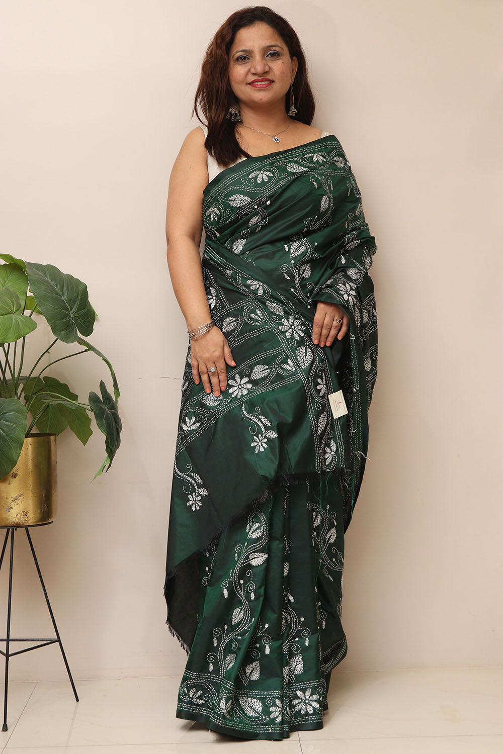 Green Hand Embroidered Kantha Silk Saree - Luxurion World