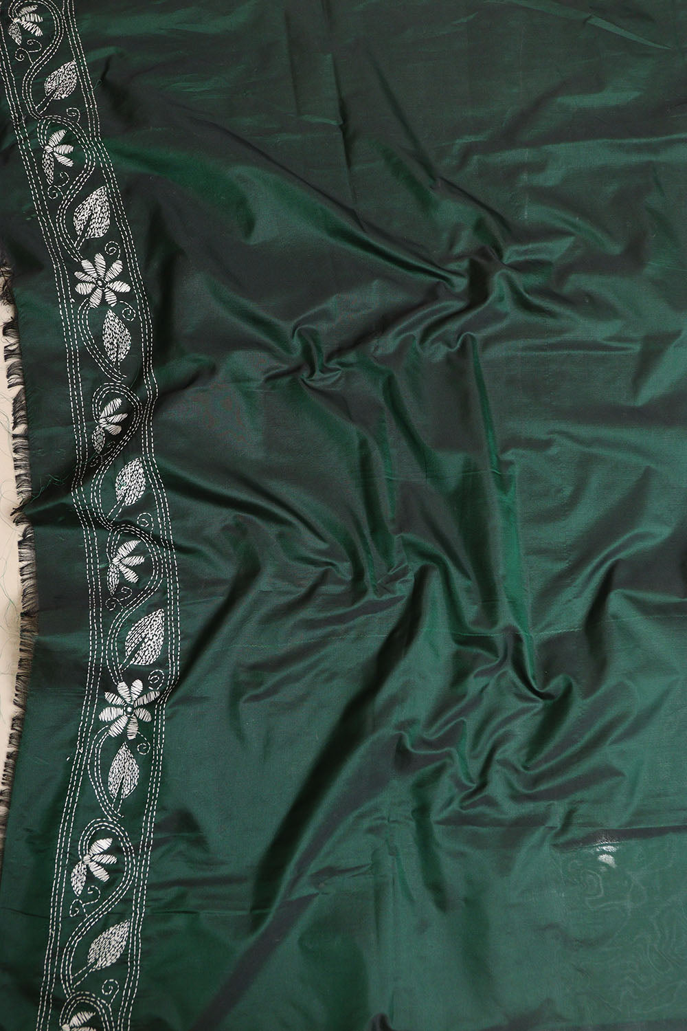 Green Hand Embroidered Kantha Silk Saree