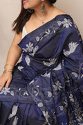 Stunning Blue Hand Embroidered Kantha Silk Saree - Luxurion World
