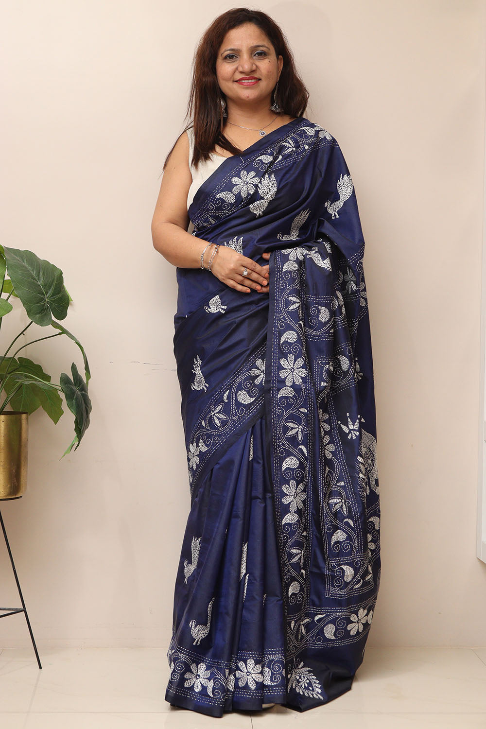 Stunning Blue Hand Embroidered Kantha Silk Saree