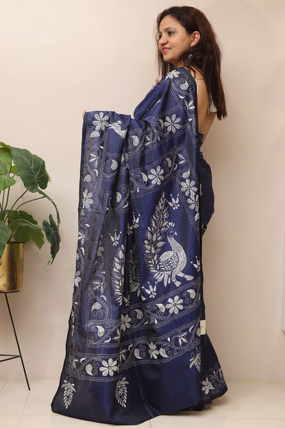 Stunning Blue Hand Embroidered Kantha Silk Saree