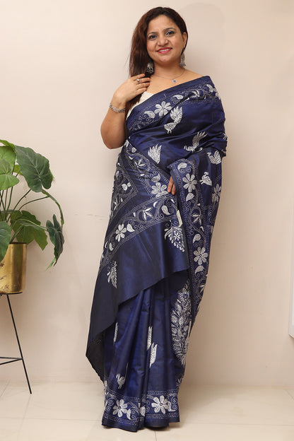 Stunning Blue Hand Embroidered Kantha Silk Saree