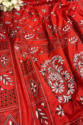 Red Kantha Silk Saree Hand Embroidered Festive