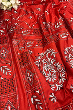 Red Kantha Silk Saree Hand Embroidered Festive