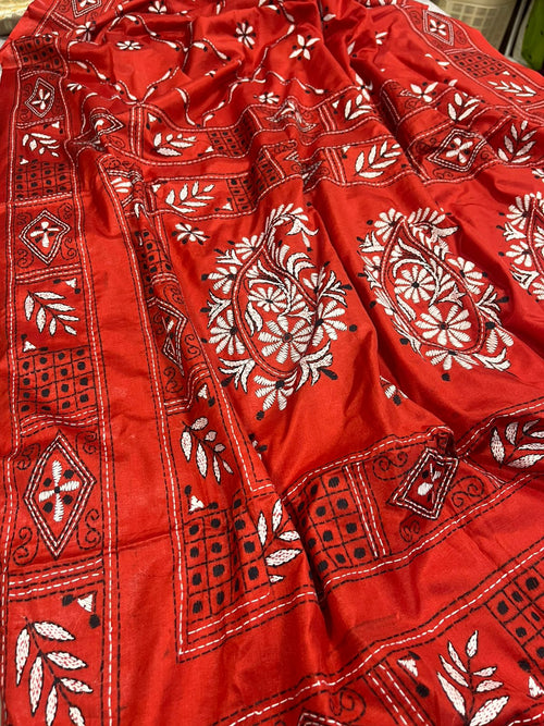 Red Kantha Silk Saree Hand Embroidered Festive