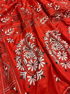 Red Kantha Silk Saree Hand Embroidered Festive