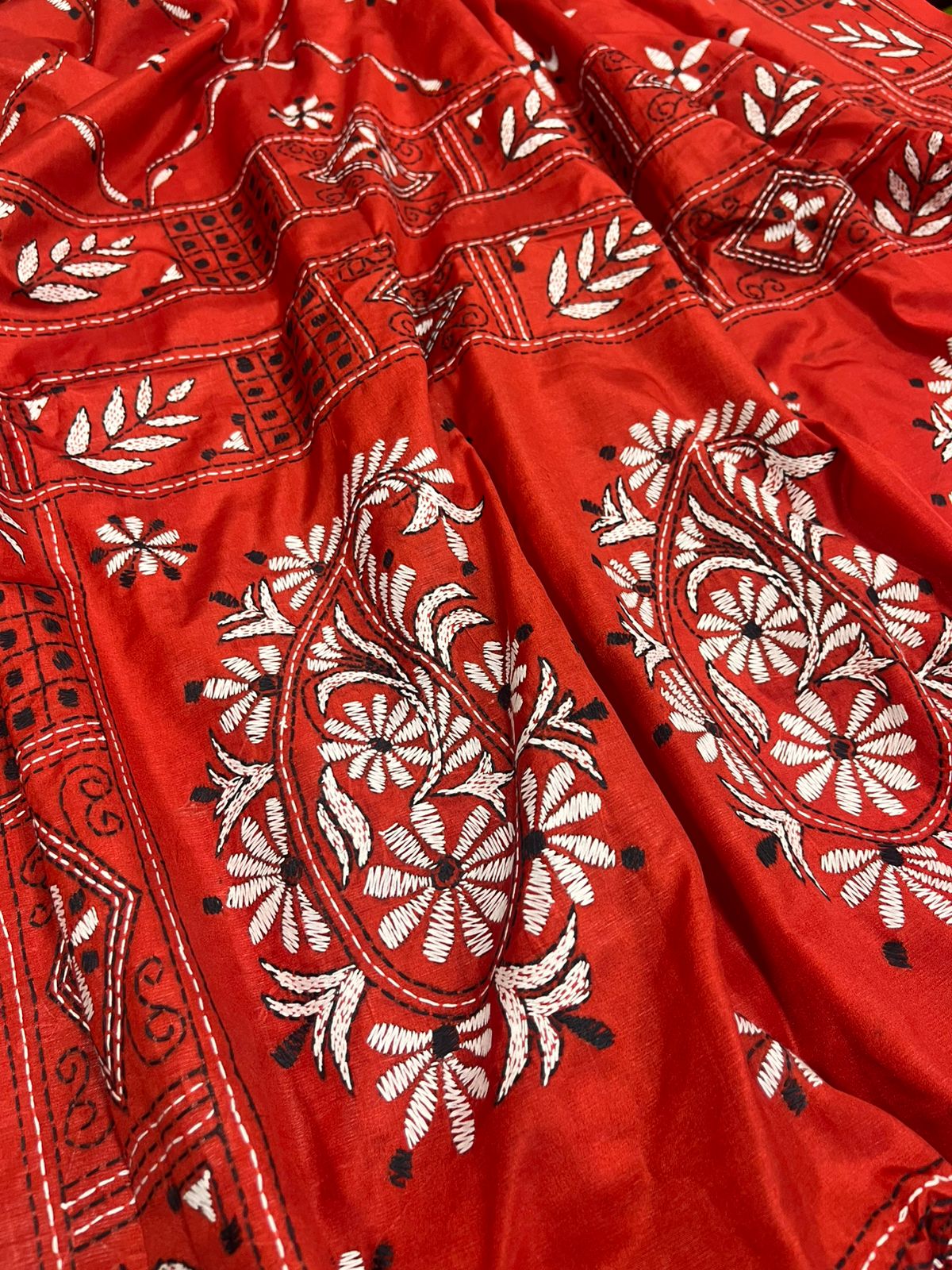 Red Kantha Silk Saree Hand Embroidered Festive