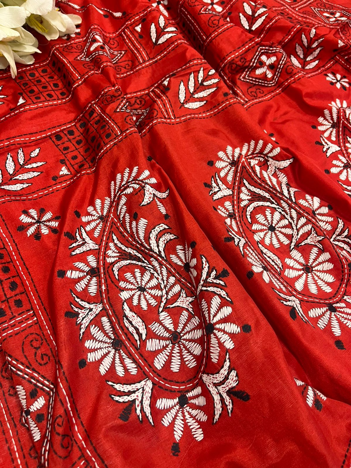 Red Kantha Silk Saree Hand Embroidered Festive
