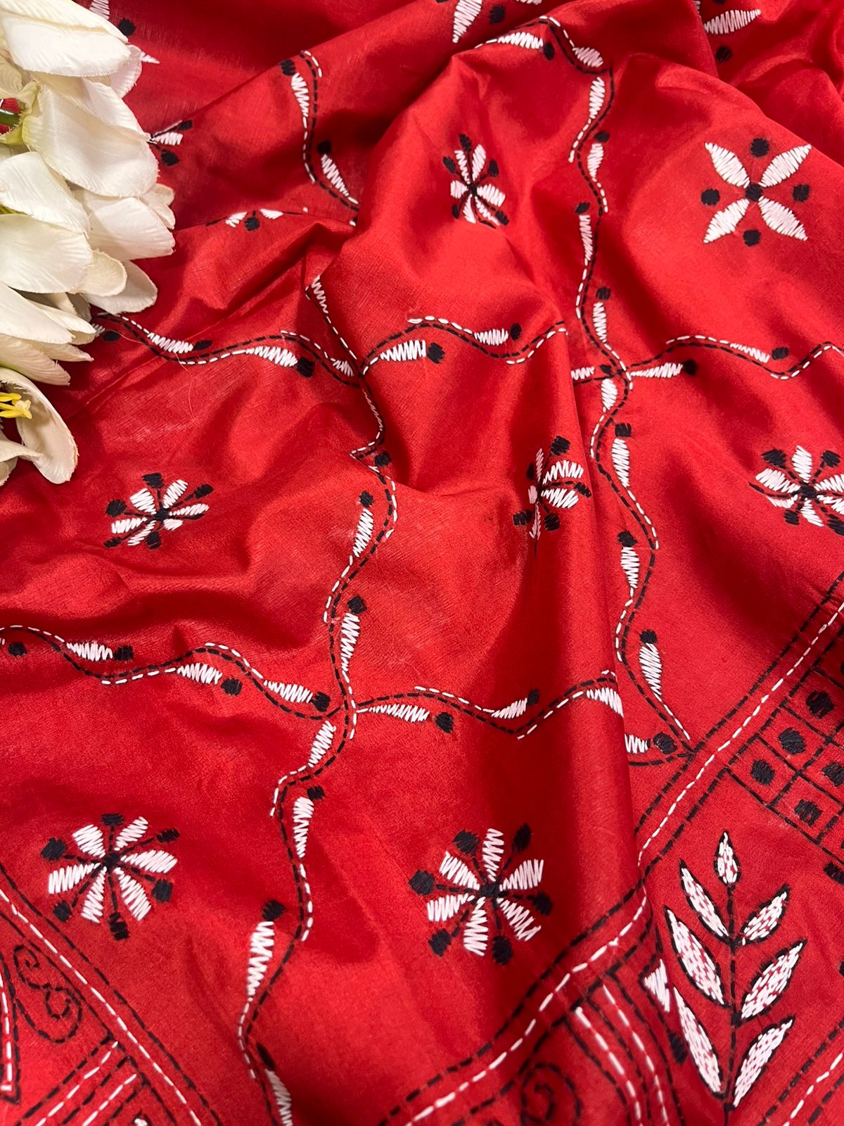 Red Kantha Silk Saree Hand Embroidered Festive