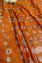 Orange Kantha Silk Saree Hand Embroidered Festive