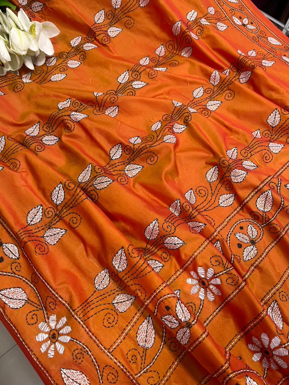 Orange Kantha Silk Saree Hand Embroidered Festive