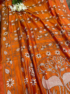 Orange Kantha Silk Saree Hand Embroidered Festive