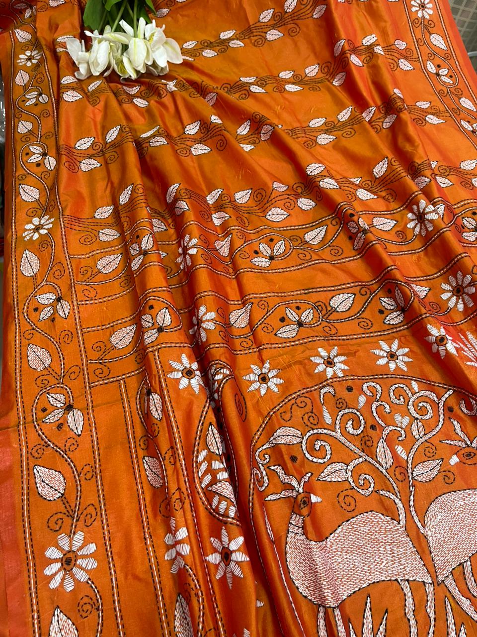 Orange Kantha Silk Saree Hand Embroidered Festive