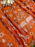 Orange Kantha Silk Saree Hand Embroidered Festive