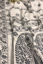 White Kantha Silk Saree Hand Embroidered Elegant