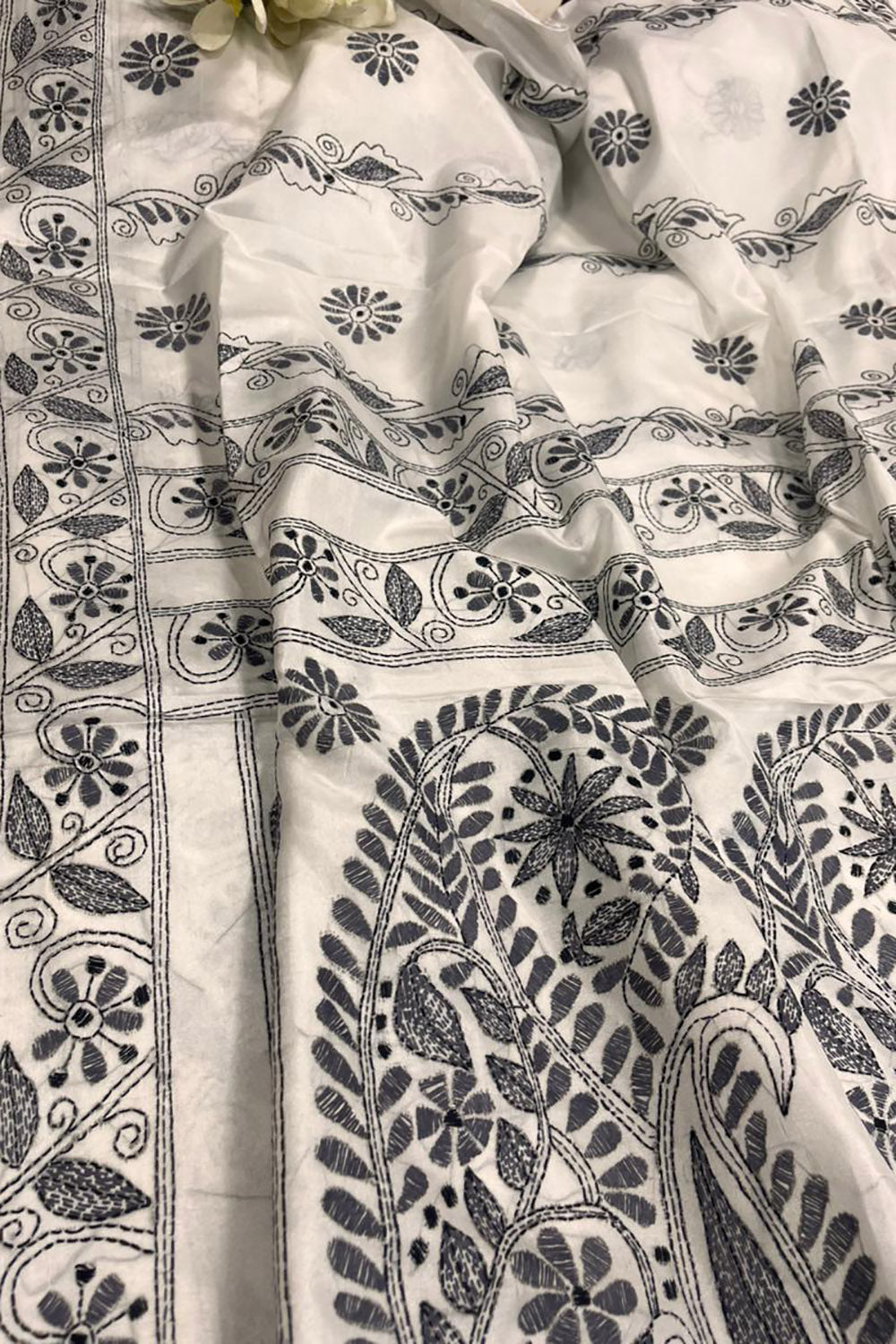 White Kantha Silk Saree Hand Embroidered Elegant