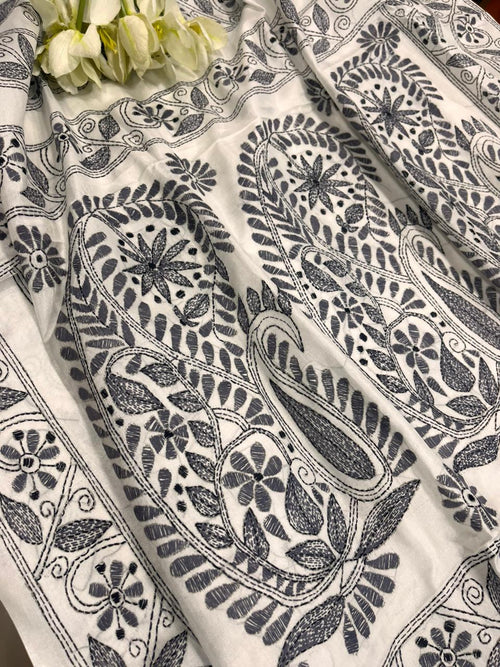 IS1K3BS126082803 White Hand Embroidered Kantha Silk Saree