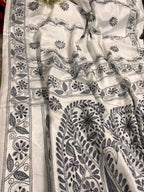 White Kantha Silk Saree Hand Embroidered Elegant