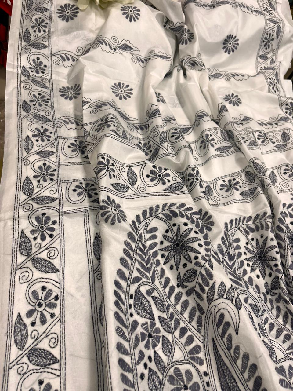 White Kantha Silk Saree Hand Embroidered Elegant