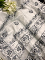 White Kantha Silk Saree Hand Embroidered Elegant