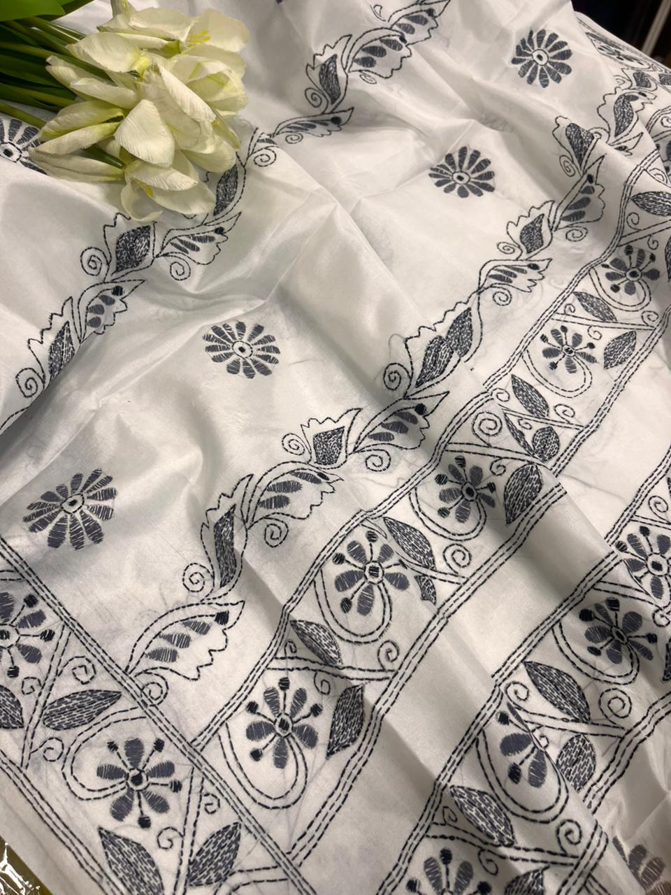 White Kantha Silk Saree Hand Embroidered Elegant