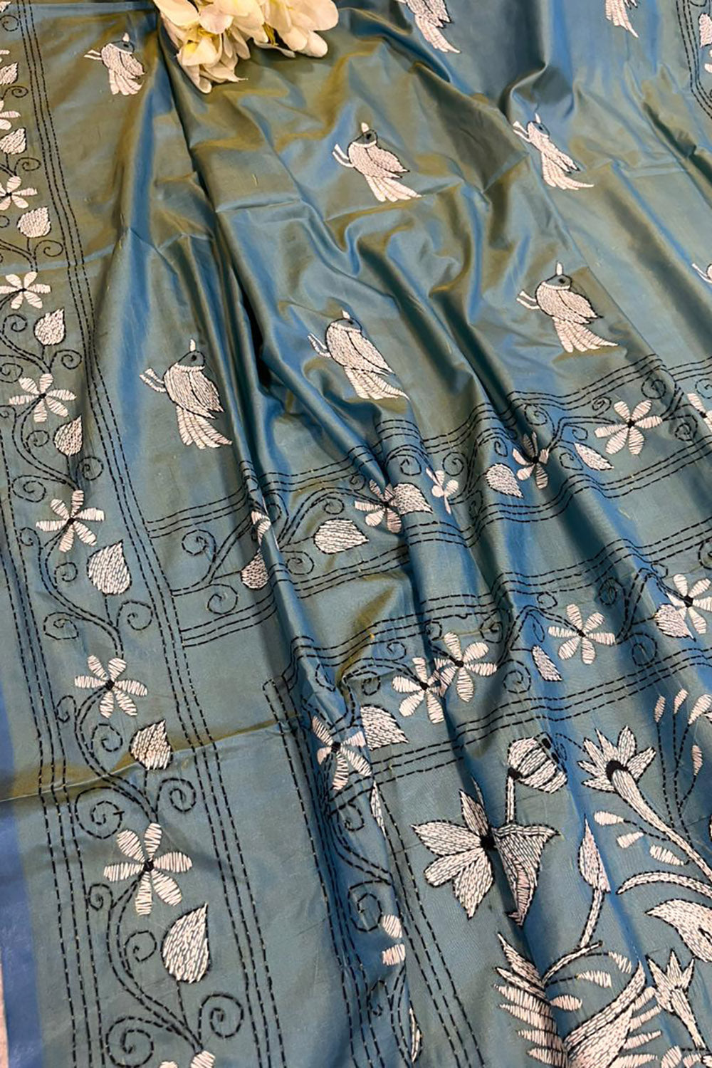 Blue Shot Kantha Silk Saree Hand Embroidered Festive