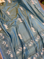 Blue Shot Kantha Silk Saree Hand Embroidered Festive
