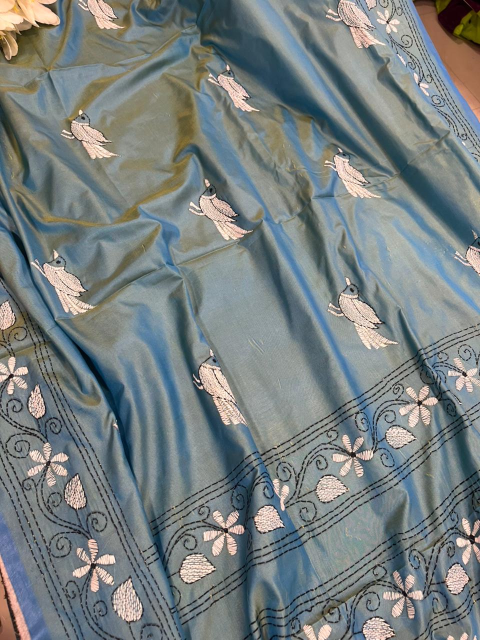 Blue Shot Kantha Silk Saree Hand Embroidered Festive
