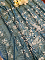 Blue Shot Kantha Silk Saree Hand Embroidered Festive