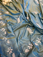 Blue Shot Kantha Silk Saree Hand Embroidered Festive