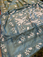 Blue Shot Kantha Silk Saree Hand Embroidered Festive