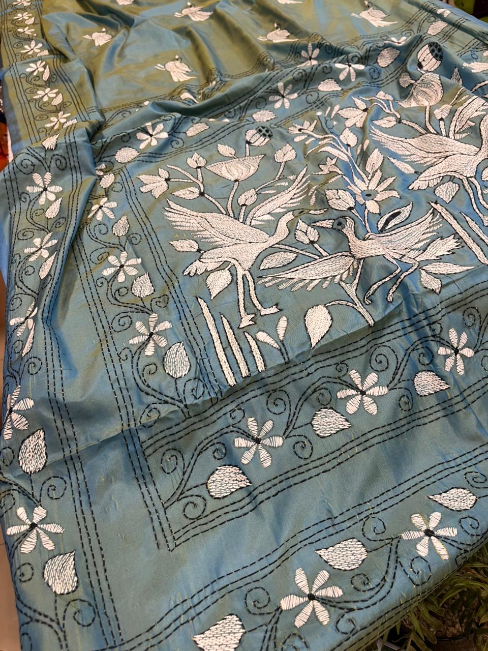 Blue Shot Kantha Silk Saree Hand Embroidered Festive