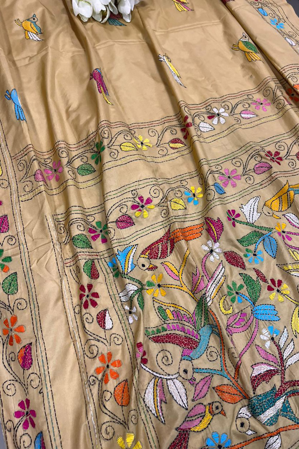 Pastel Kantha Silk Saree Hand Embroidered