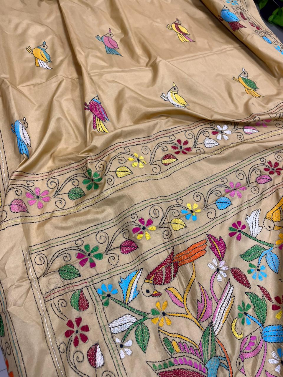 Pastel Kantha Silk Saree Hand Embroidered