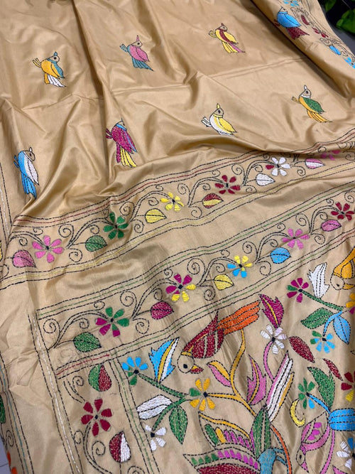 IS1K3BS126082805 Pastel Hand Embroidered Kantha Silk Saree