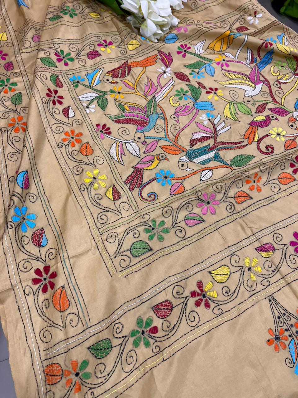 Pastel Kantha Silk Saree Hand Embroidered