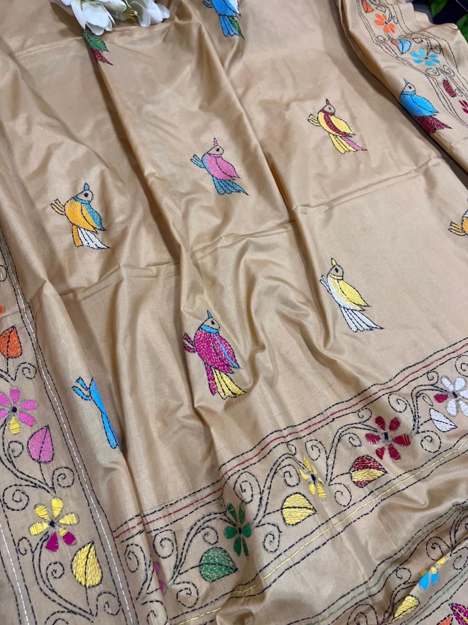 Pastel Kantha Silk Saree Hand Embroidered