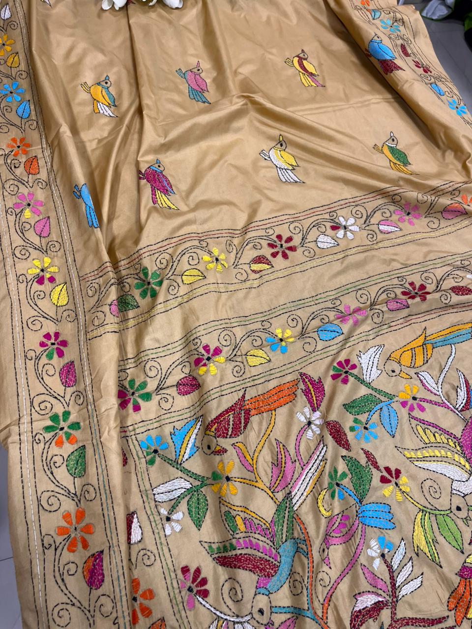 Pastel Kantha Silk Saree Hand Embroidered