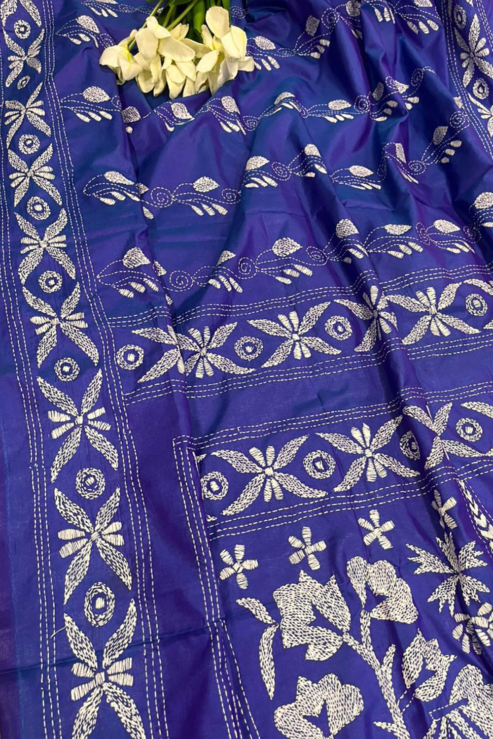 Blue Hand Embroidered Kantha Silk Saree