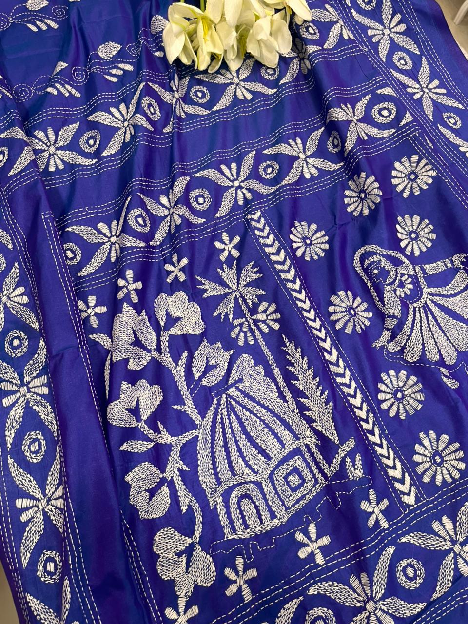 Blue Hand Embroidered Kantha Silk Saree