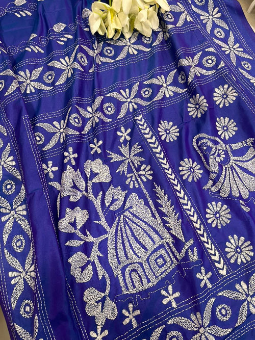 IS1K3BS126082806 Blue Hand Embroidered Kantha Silk Saree