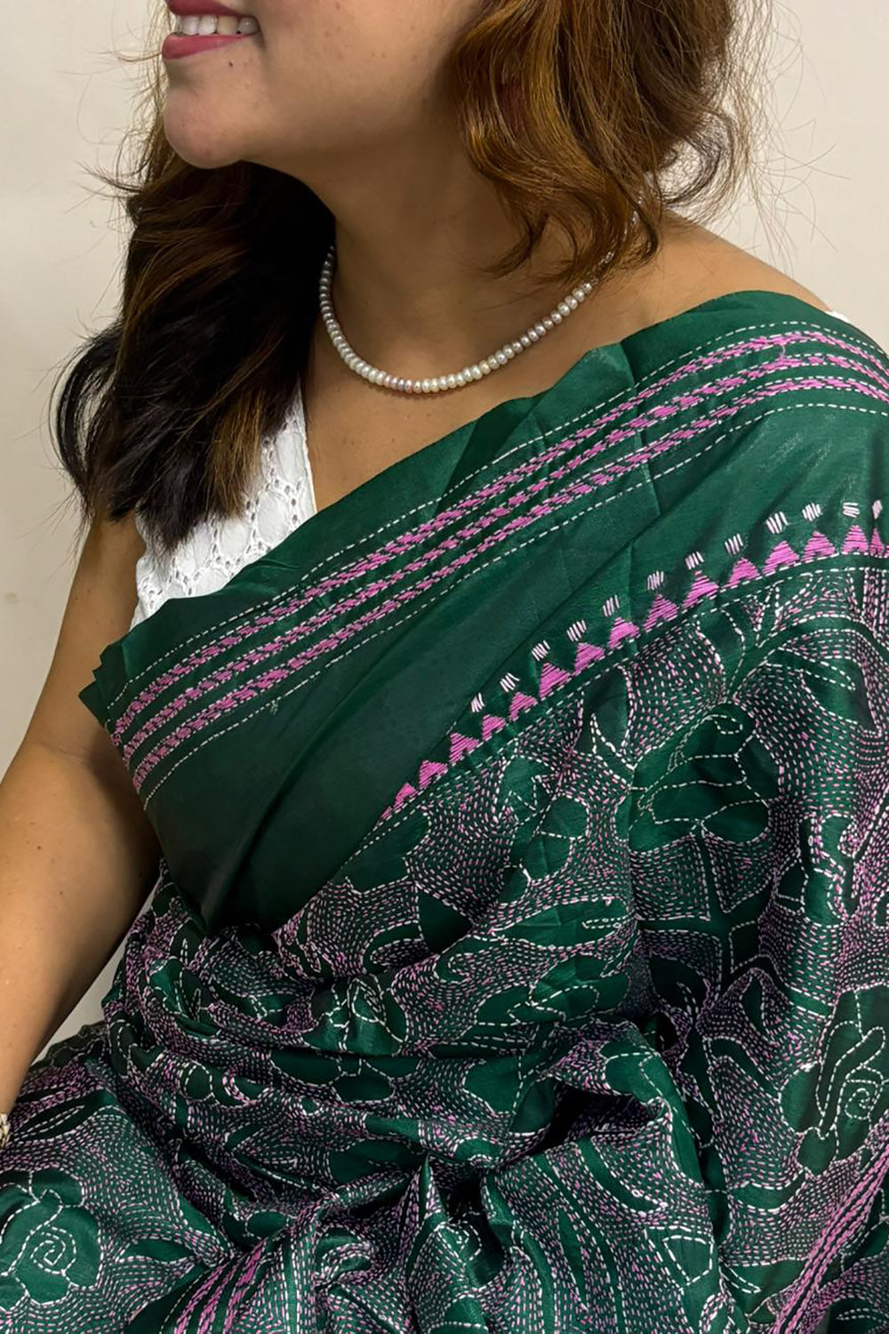 Green Hand Embroidered Kantha Silk Saree - Luxurion World