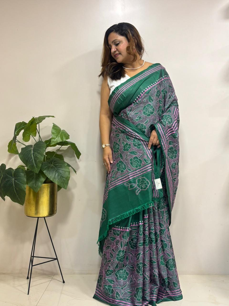 Green Hand Embroidered Kantha Silk Saree - Luxurion World