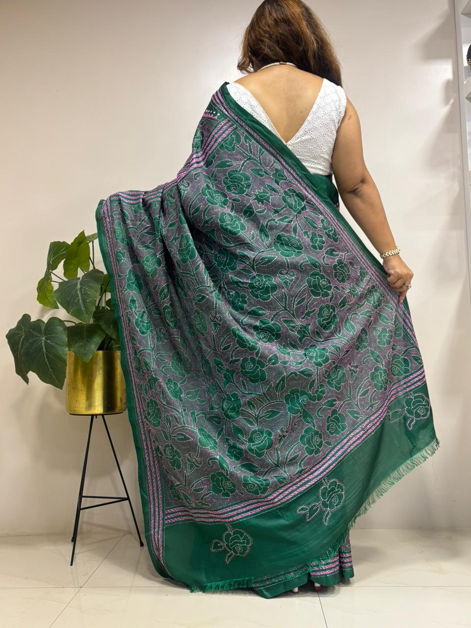 Green Hand Embroidered Kantha Silk Saree - Luxurion World