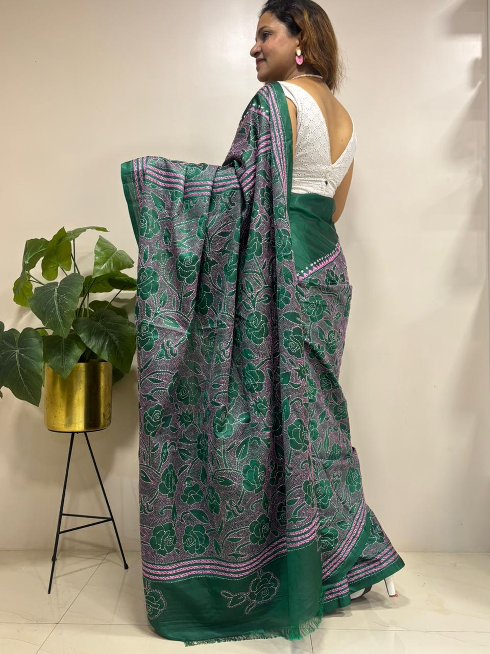 Green Hand Embroidered Kantha Silk Saree - Luxurion World