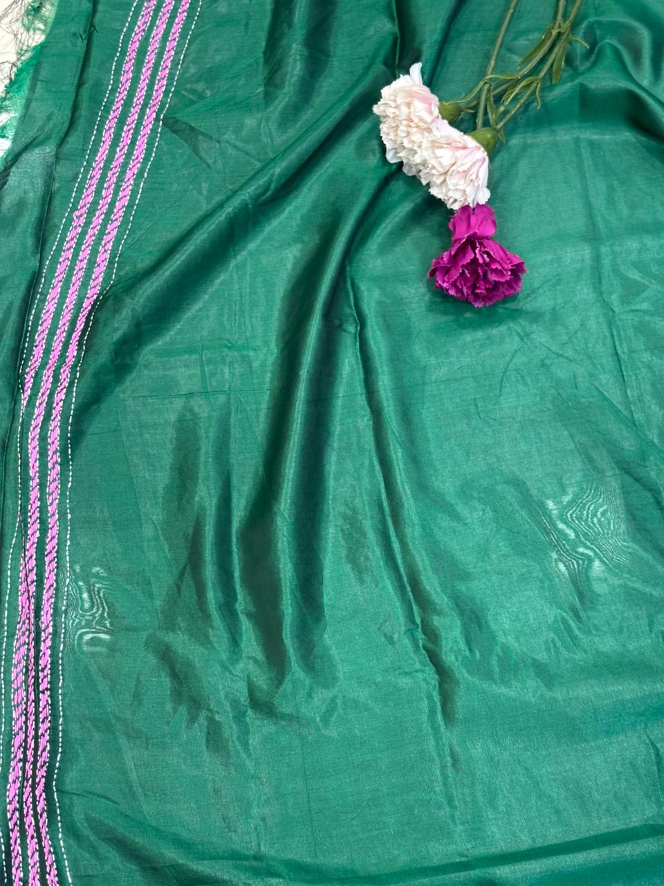 Green Hand Embroidered Kantha Silk Saree - Luxurion World