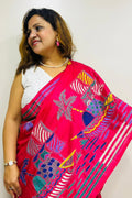 Pink Hand Embroidered Kantha Silk Saree - Luxurion World